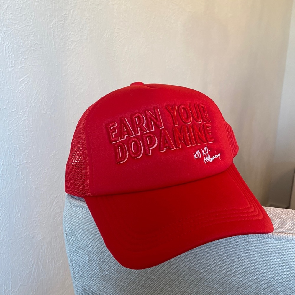 Red Earn Your Dopamine Trucker Hat